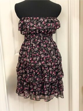 Strapless Black Floral Ruffle Tiered Dress